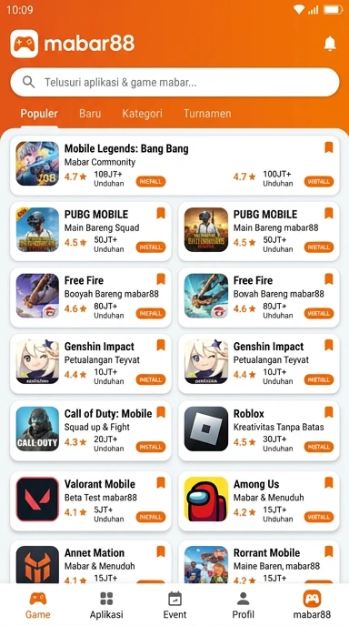 Tampilan katalog aplikasi mabar88